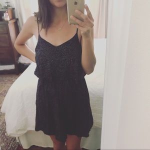 navy blue polk-a-dot flounce dress